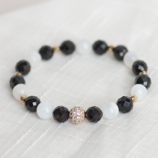 CHEERFUL NIGHT | Crystal Bracelet | Tourmaline, Moonstone & Gold Hematite
