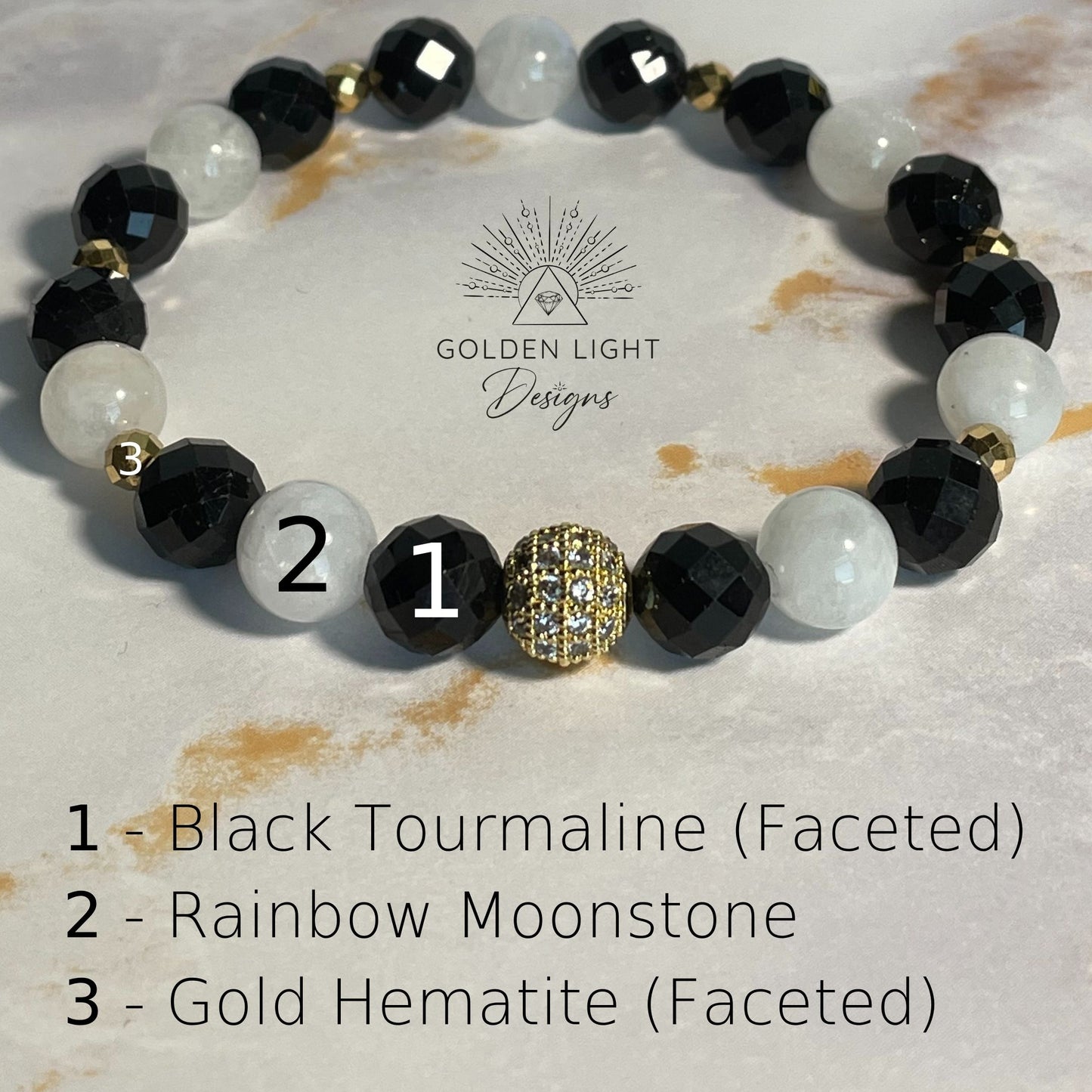 CHEERFUL NIGHT | Crystal Bracelet | Tourmaline, Moonstone & Gold Hematite